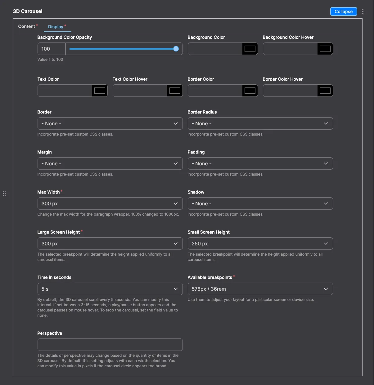 3D Carousel module configuration in Drupal - settings for rotating 3D carousel display