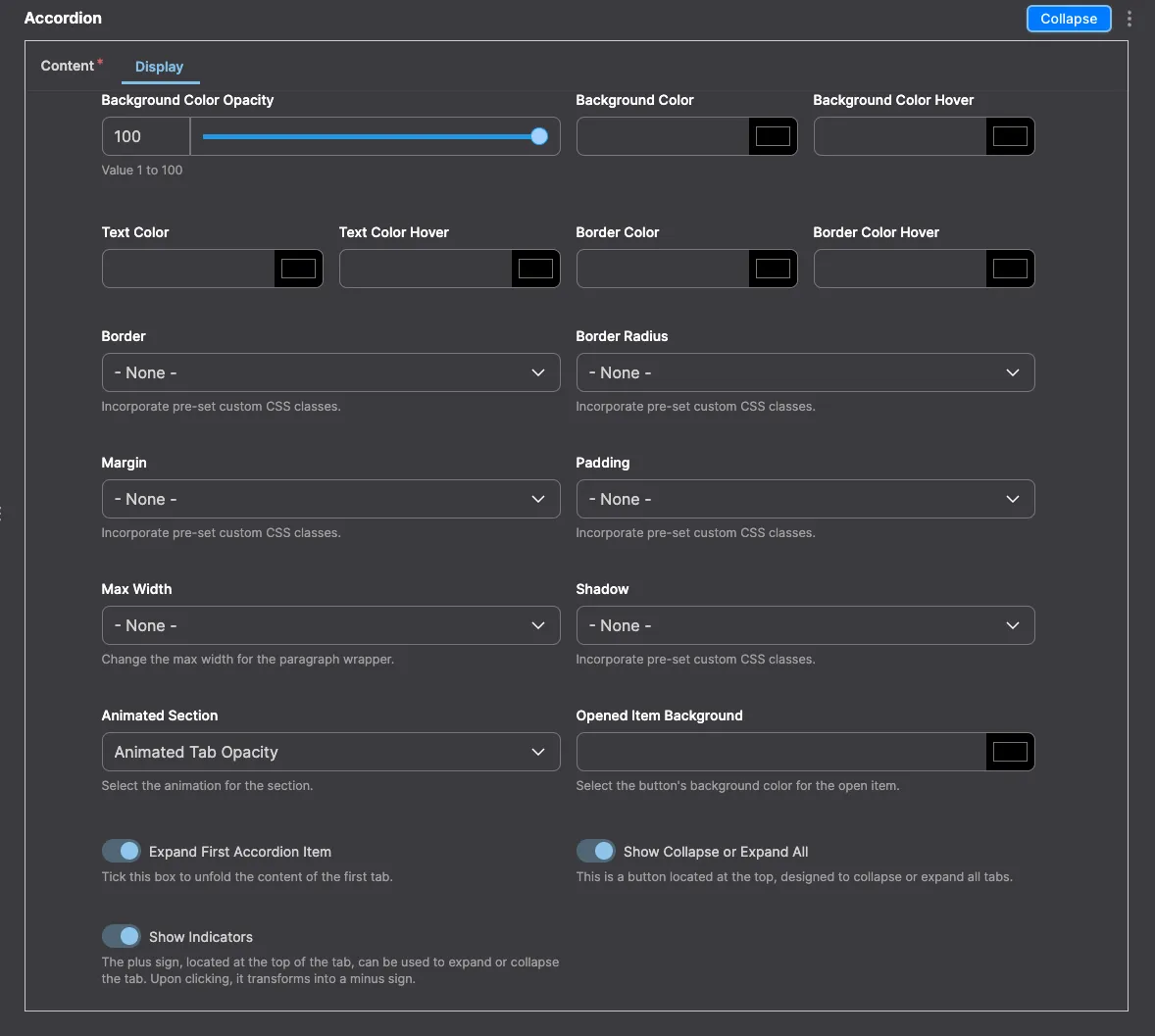 Accordion: Accordion module configuration in Drupal - settings for collapsible content display.