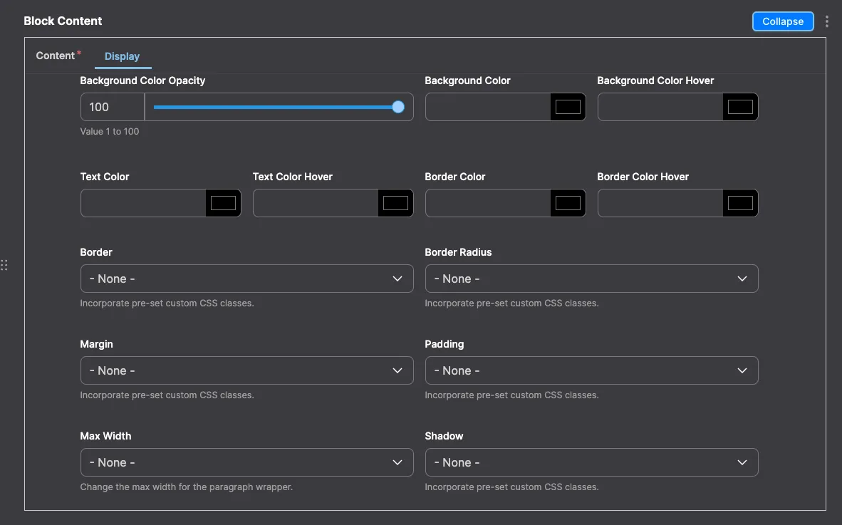 Block Content: Block Content module configuration in Drupal - settings for placing and arranging blocks. 