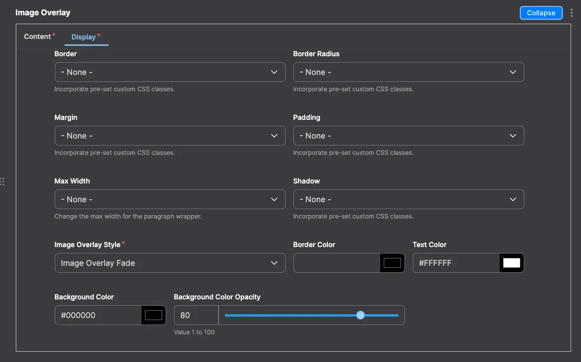Image Overlay: Image Overlay module configuration in Drupal - settings for adding overlay effects to images.