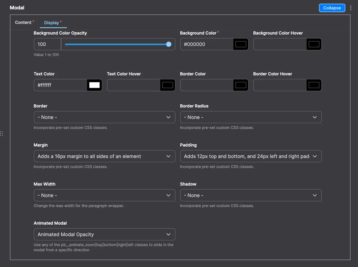 Modal: Modal module configuration in Drupal - settings for displaying content in a modal window.