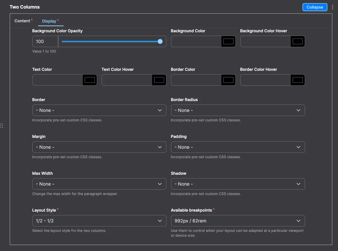 Two Columns: Two Columns module configuration in Drupal - settings for two-column layout.