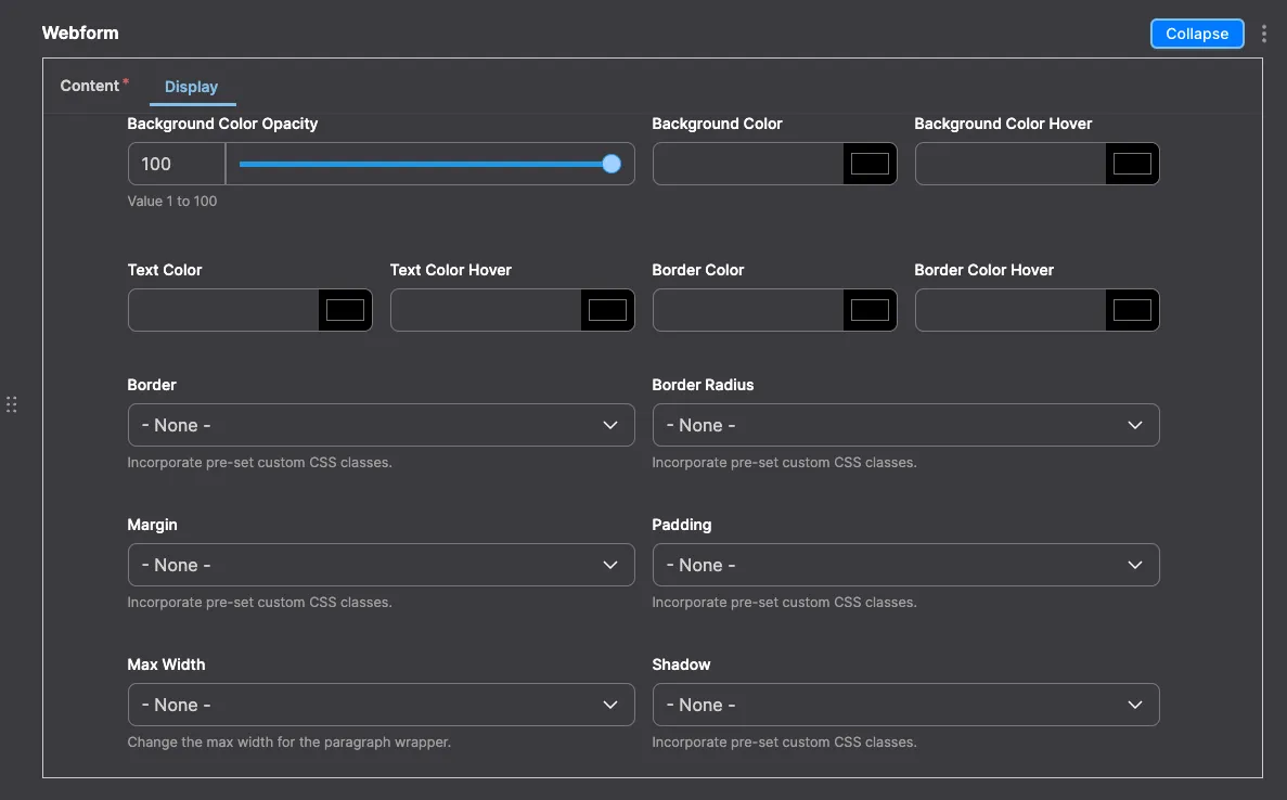 Webform: Webform module configuration in Drupal - settings for embedding web forms for user interaction.