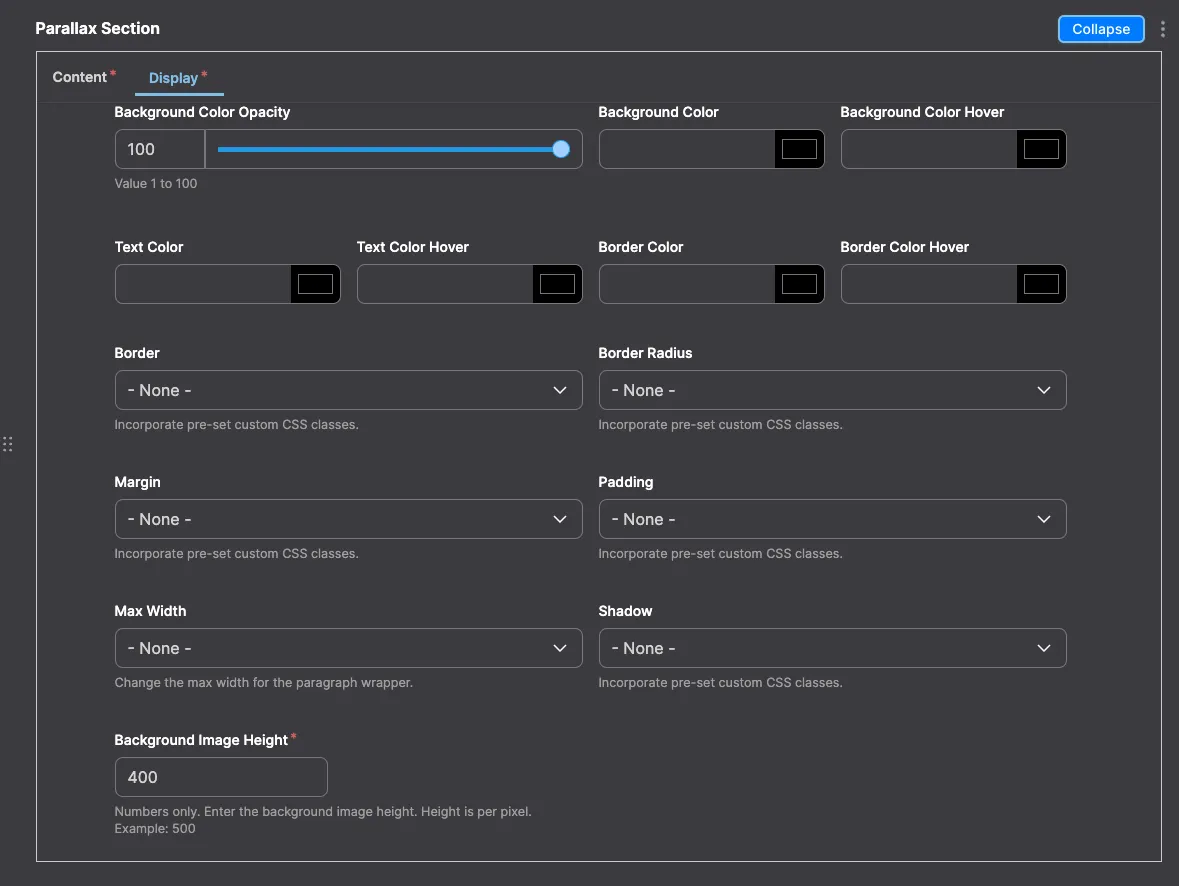 Parallax: Parallax module configuration in Drupal - settings for creating parallax scrolling effects.