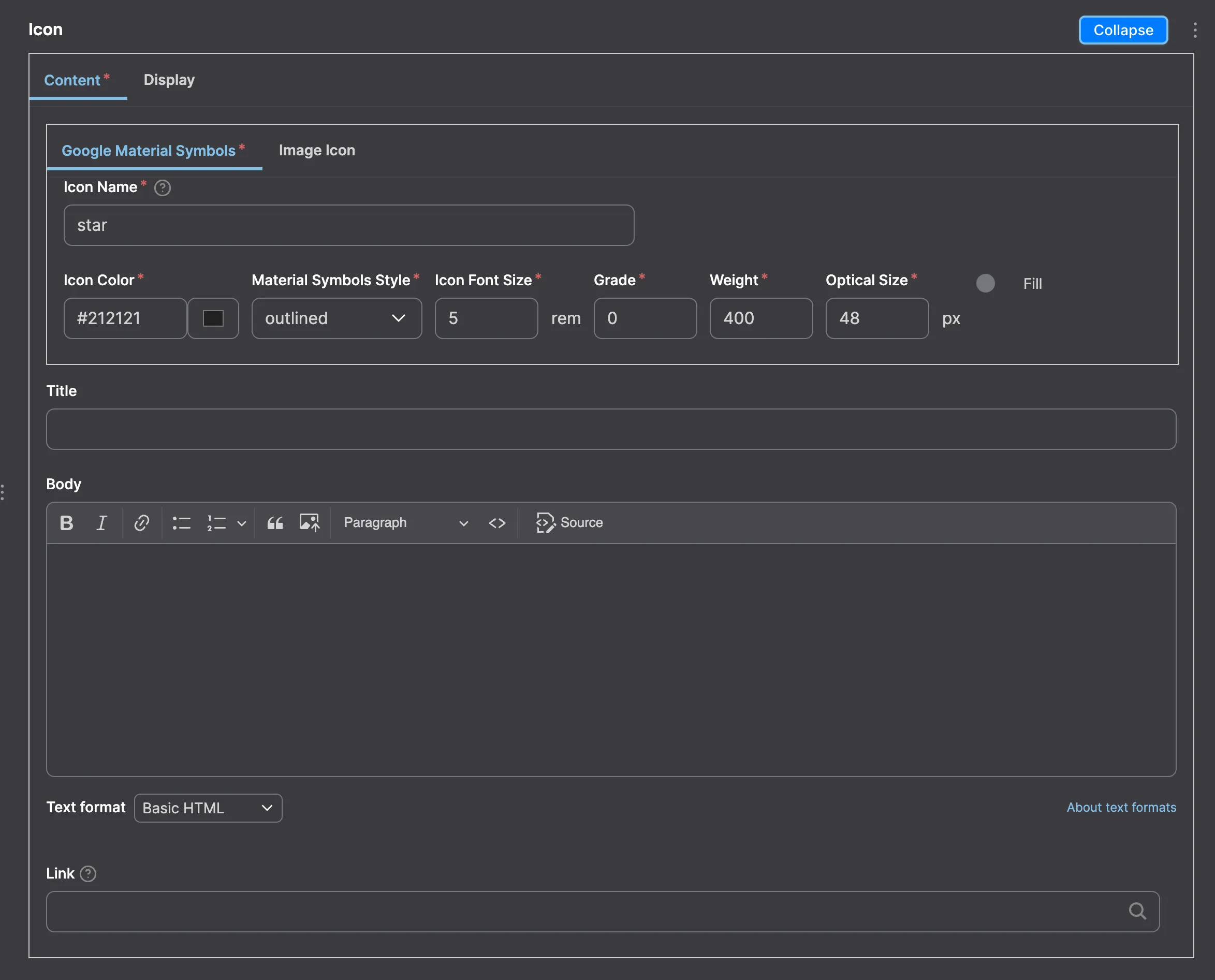Icon: Icon module configuration in Drupal - settings for displaying Google Material Symbols or custom icons.